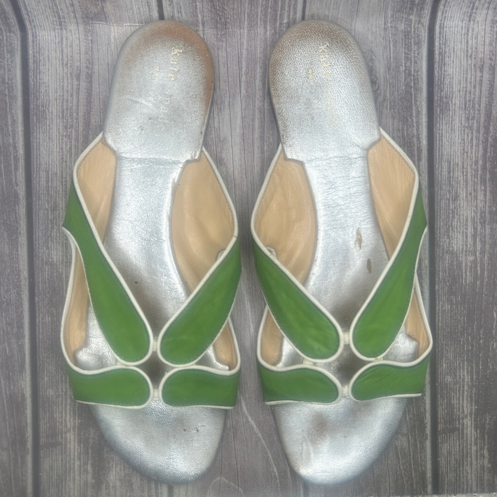 KATE SPADE RARE VTG MADE IN ITALY Leather Slide Sandals Petal Cutout Green